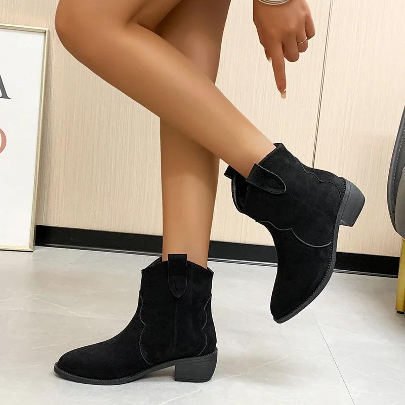 4.5cm High Heel Boots Soft Suede Solid Color Women Autumn Shoes Mid-Calf Breathtable Motorcycle Boots Plus Size 43