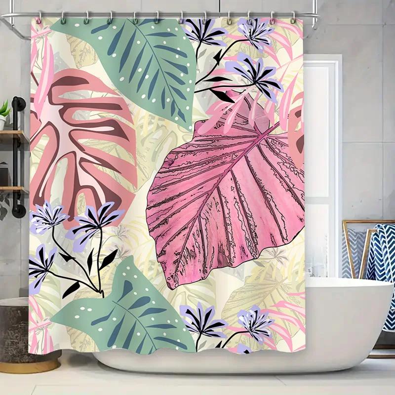 Summer Tropical Leaf Shower Curtain: Bold Pink Green Blue Floral Design for Bathroom Decor Watercolor Artistic Bathing Room Deco