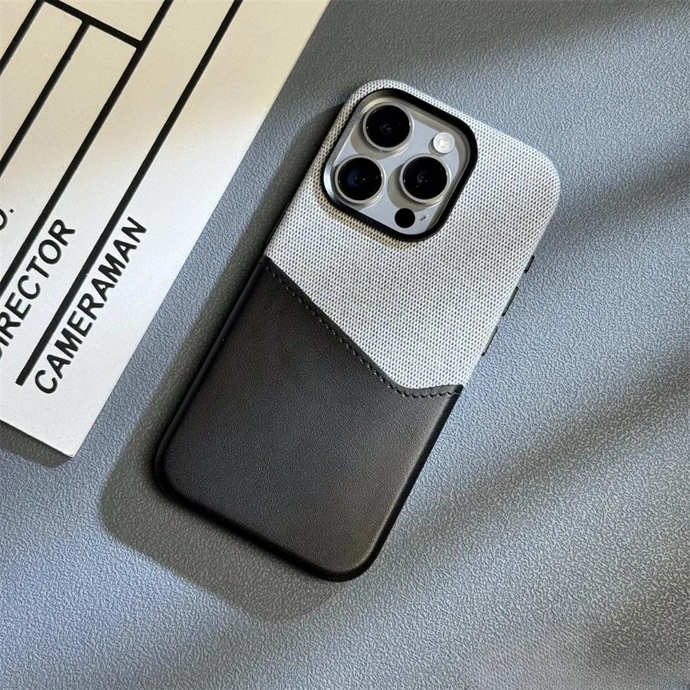 

Magnetic Fabric Cloth Leather Phone Case For iPhone 15 Pro Max 14 Pro 16Plus 17 13 12 Contrast Color Card Insertion Hard Cover for iPhone12 черный серый