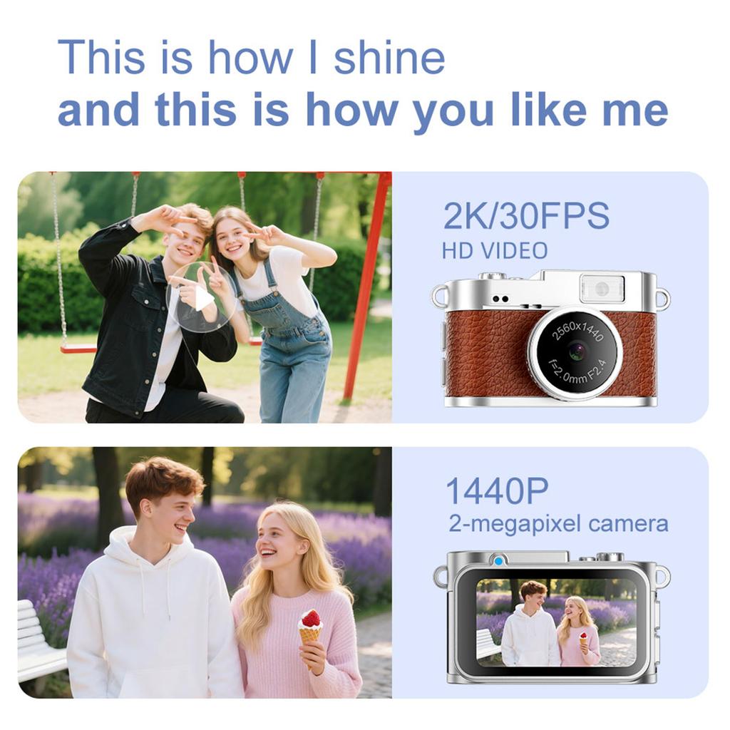 2K 1440P Retro Digital Camera Pocket Video Recorder with 1.47-inch IPS Color Screen LED Flash Light Mini Camera for Photography