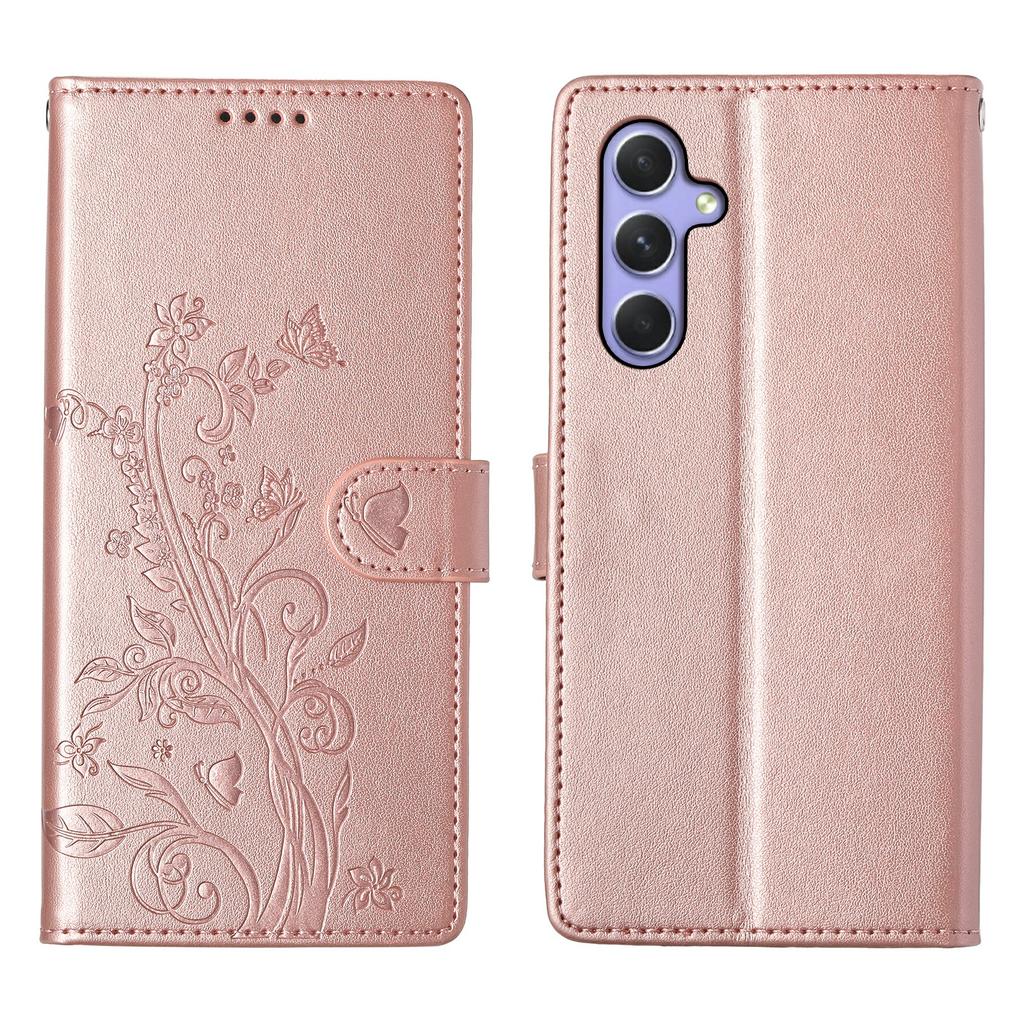 For Samsung Galaxy A16 5G/4G Wallet Case Butterfly Floral Imprint PU Leather Phone Cover with Wrist Strap
