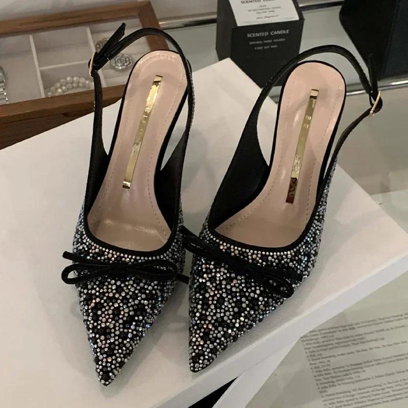 Fashion Sparkling Rhinestone High Heels Women Sexy Pointed Toe Bow Tie Luxury Designer Shoes for Women Elegant Banquet Dress Women Pumps