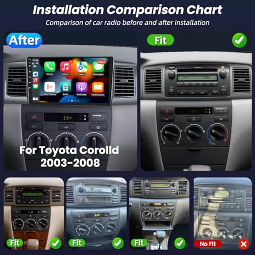 9" Drahtloses CarPlay Android Autoradio, 2+32G, Kompatibel mit Toyota Corolla 2003-2008