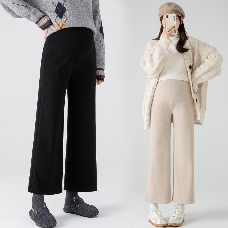 2025 New Style Fleece-Lined Cashmere Maternity Pants: Autumn/Winter Wide-Leg Design with Belly Support