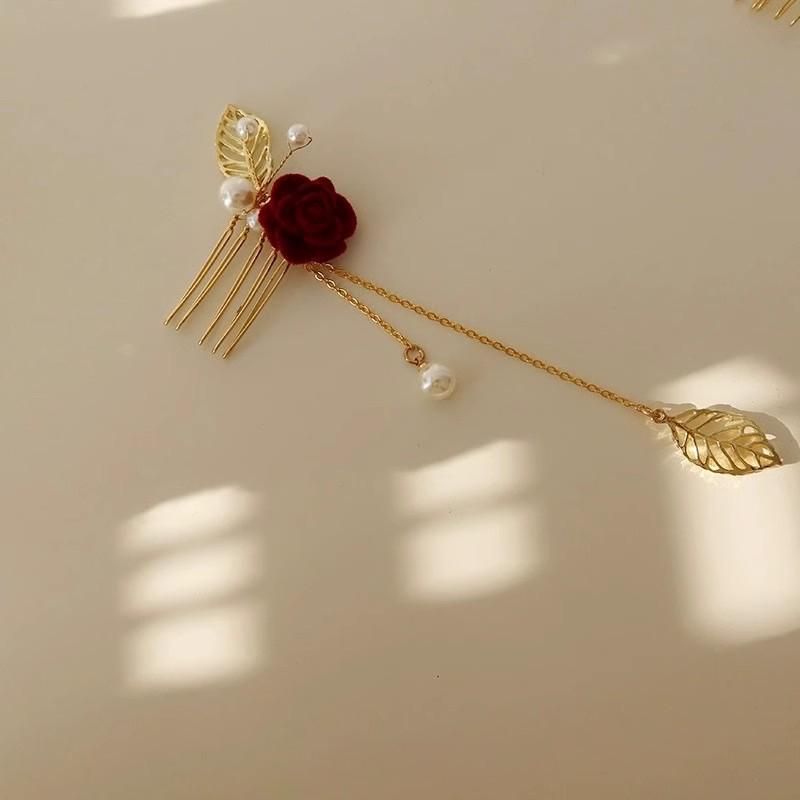 Red Camellia Tassel Hair Clips for Bridal Updo or Evening Gown