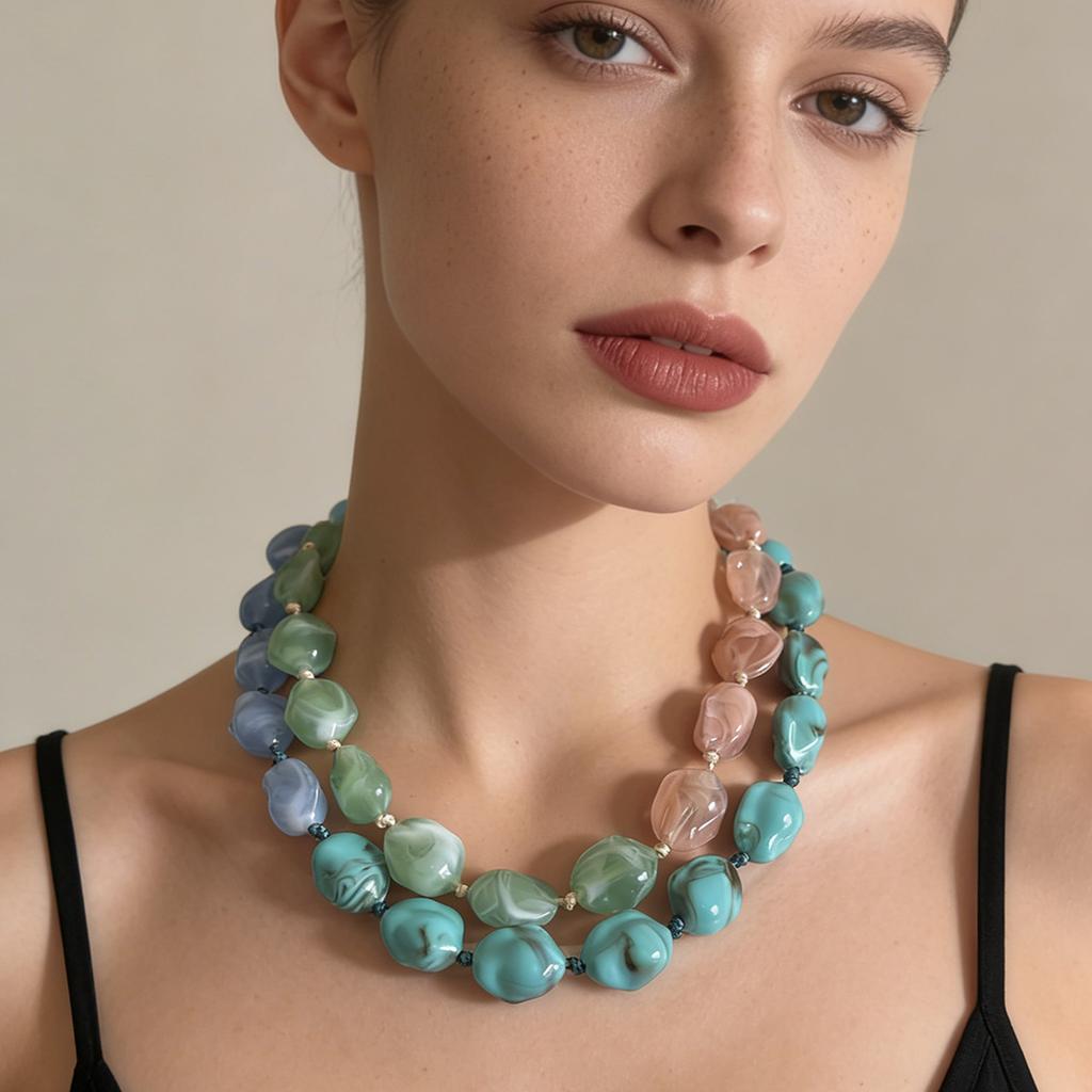 Simple and Fashionable, Personalized Design Sense, Casual and Versatile, Colorful Geometric Multi-color Splicing, Exaggerated Beaded Necklace, Women