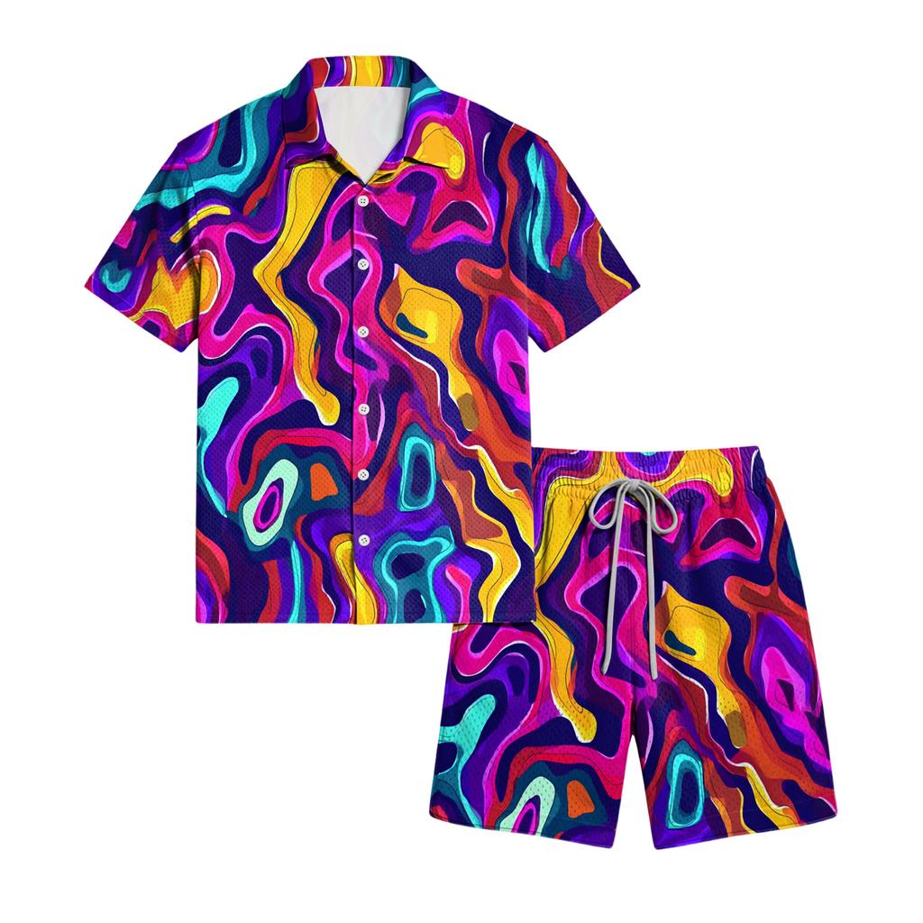 Men's Casual Lightweight Breathable Short Sleeve Shirt with Drawstring Shorts Set Swirl Pattern Summer Outfit for Outdoor Use