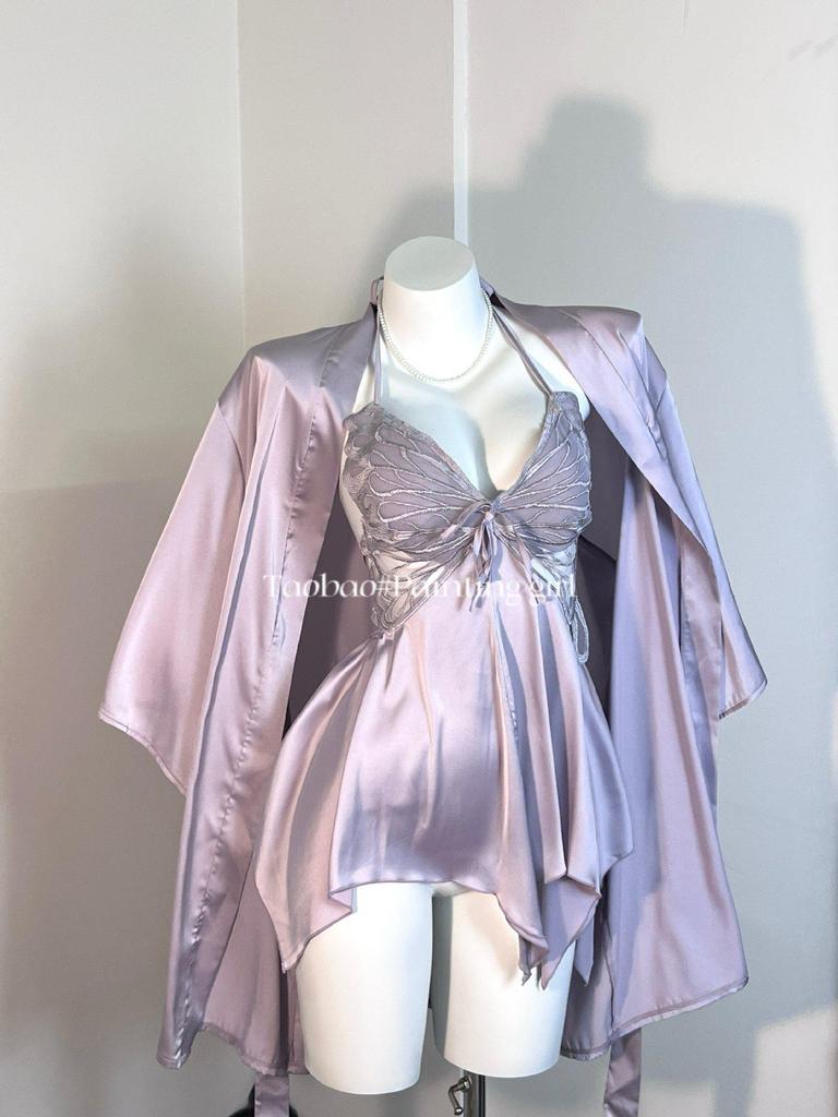 Mingjun Sukienka do spania z odkrytymi plecami, z wkładkami push-up i francuską kokardą