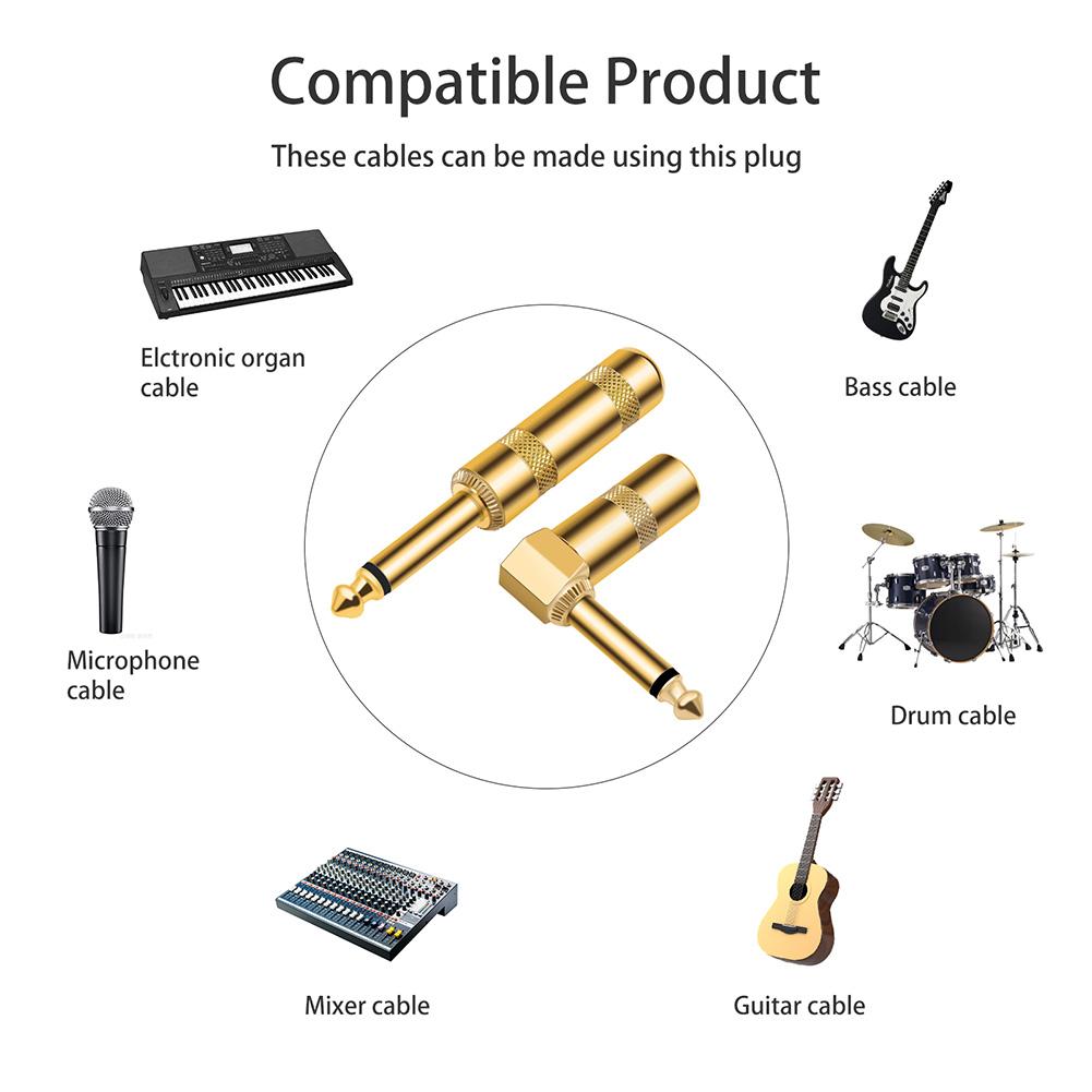 2Pcs 6.35mm Audio 1/4 Inch TS Plug DIY Male Straight Head 90 Degree Elbow Plug