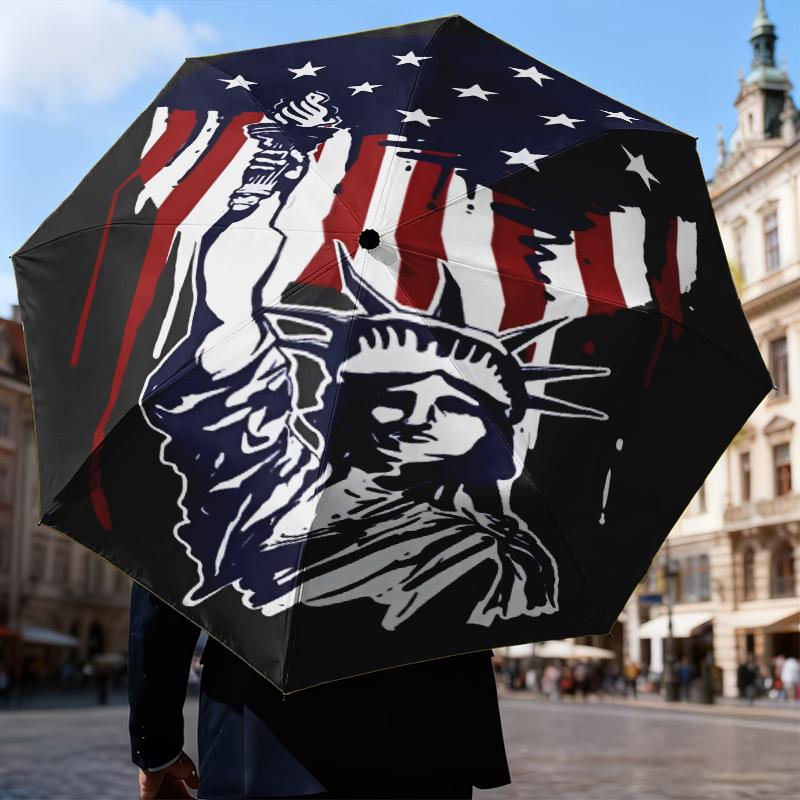 Liberty Statue With American Flag Umbrella Folding Umbrella, Automatic Umbrella 8-Frame for Travel, Camping Use Gift for Halloween Christmas