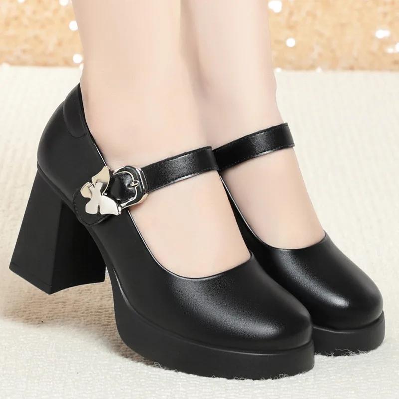 8cm Fashion Block High Heels Shoes Women Mary Janes Spring 2025 Shallow Ankle Buckle Platform Pumps for Dance Office Model Mom