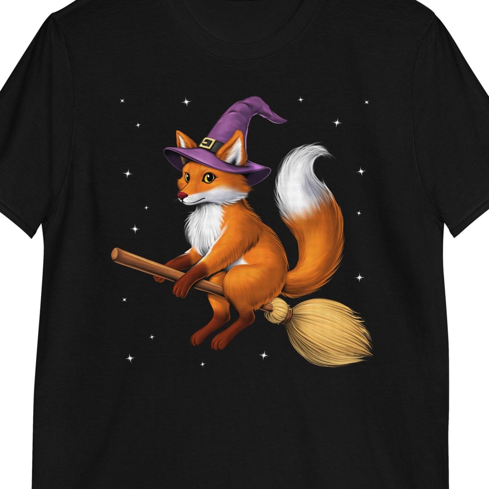 Fox Witch Riding Broom T-Shirt: Spooky Halloween Tee 140