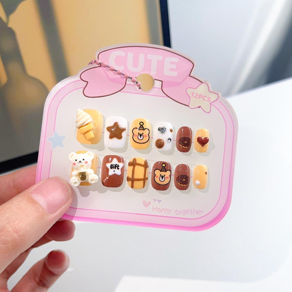 3D Animal Kids Cartoon Fake Nails Flower Bowknot Short Square Shaped Children False Nails Full Cover Nail Art Tips Candy Color