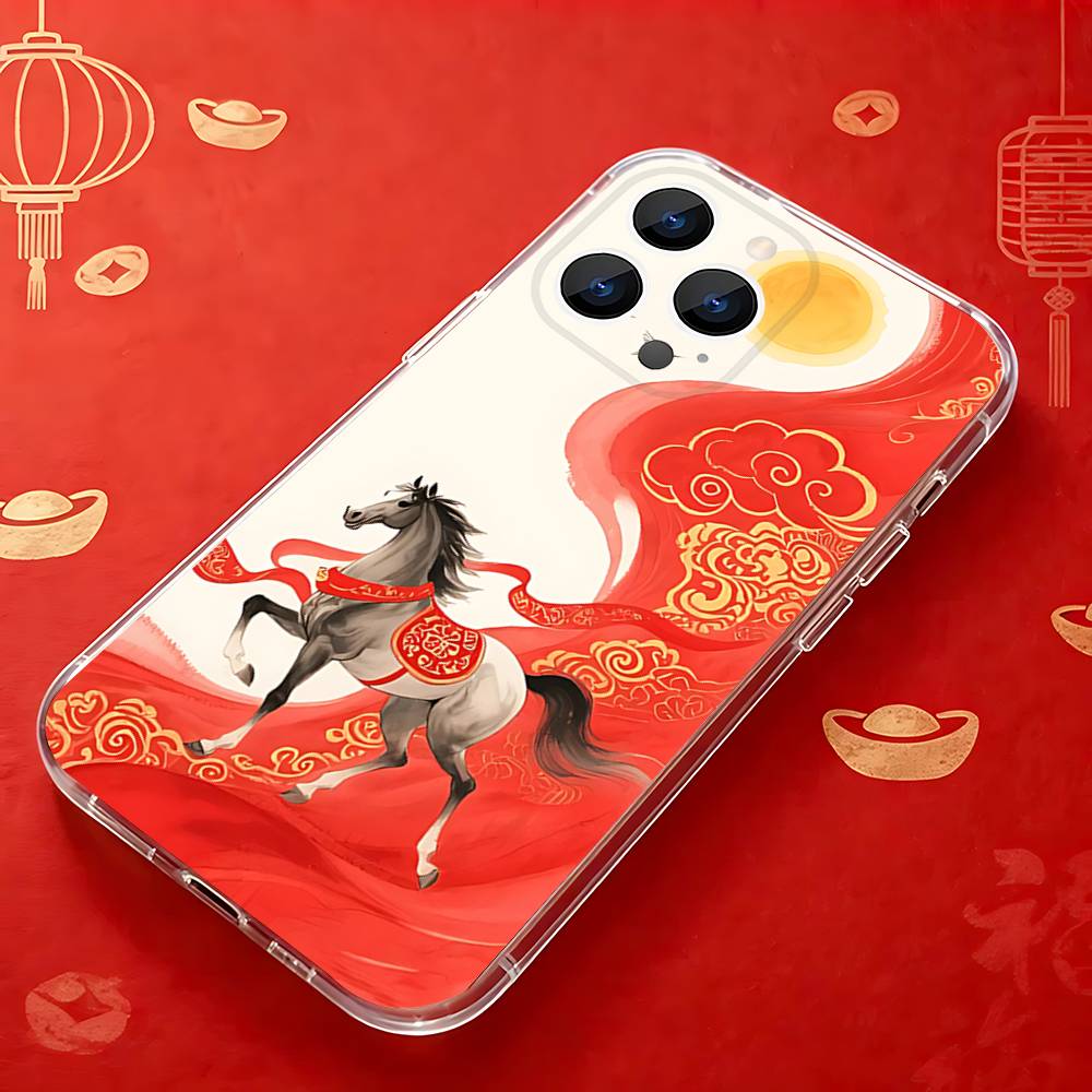 

Fashion Chinese-Style Red Horse Phone Case for iPhone 16 15 14 13 12 11 17 Plus Pro Max X XR XS Max Soft Clear Tpu iPhone16PROMAX