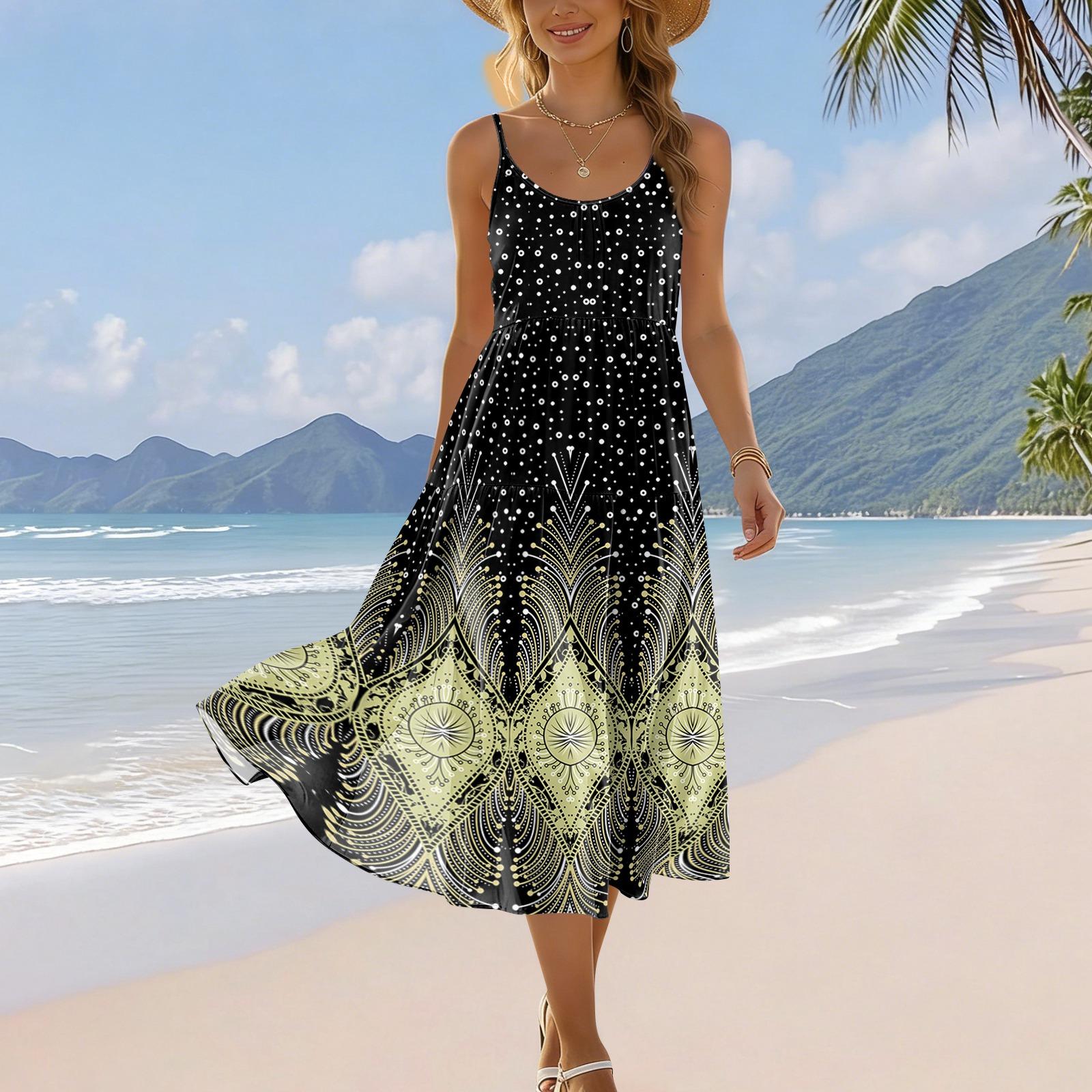 

Women s Summer Fashion Printed Pocket Adjustable Shoulder Strap Bohemian Leisure Beach Resort Strap Dress L чёрный