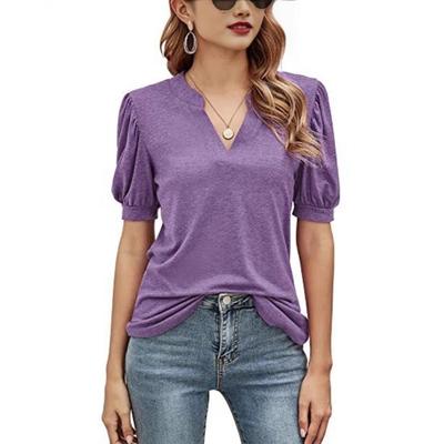 Women's Casual Summer V-neck Solid Color Bubble Sleeves Loose T-shirt for Women Shirt