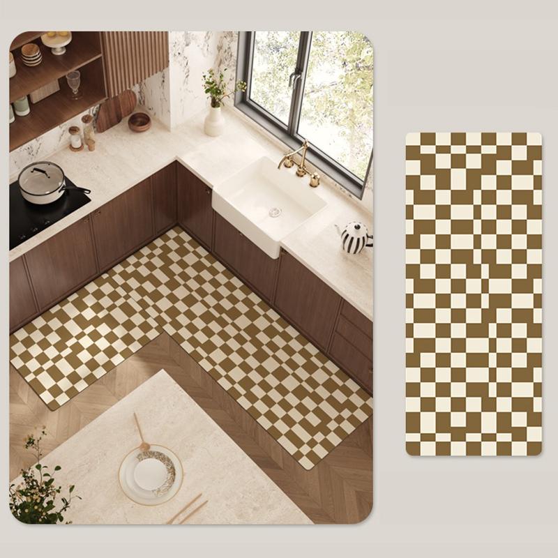Kitchen Floor Mat Non-slip Waterproof Oil-proof Carpet PVC Leather Lattice Geometric Pattern Rug Long Ruler Home Decoration Mats