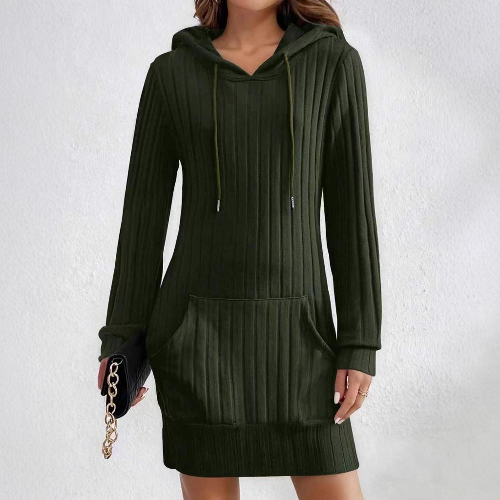 2025 Autumn/Winter Knit Hooded Ribbed Pocket Long Sleeve Dress for Women