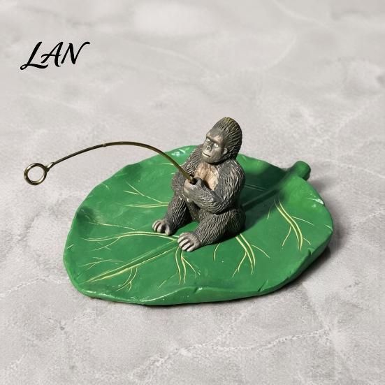 Detailed Animal Figurine for Water Features Fishing Gorilla on Lotus Leaf Ornament, Funny Floating Figurine, Realistic Artistic Landscaping