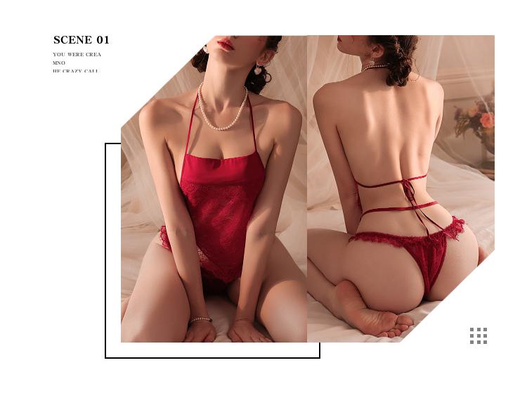 Elegantes Spitzen-Neckholder-Top & Slip-Set: Damen-Dessous mit Schnellverschluss, mit einer Uniform im nationalen Gezeiten- und alten Stil.