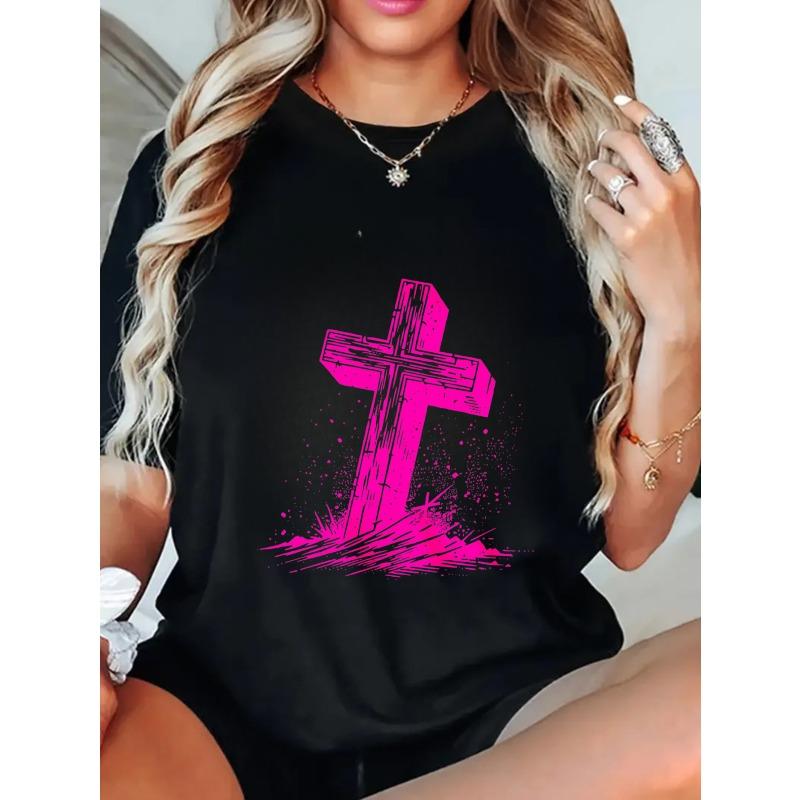 Black Oversized T Shirt With Pink Cross Print For Casual Wear