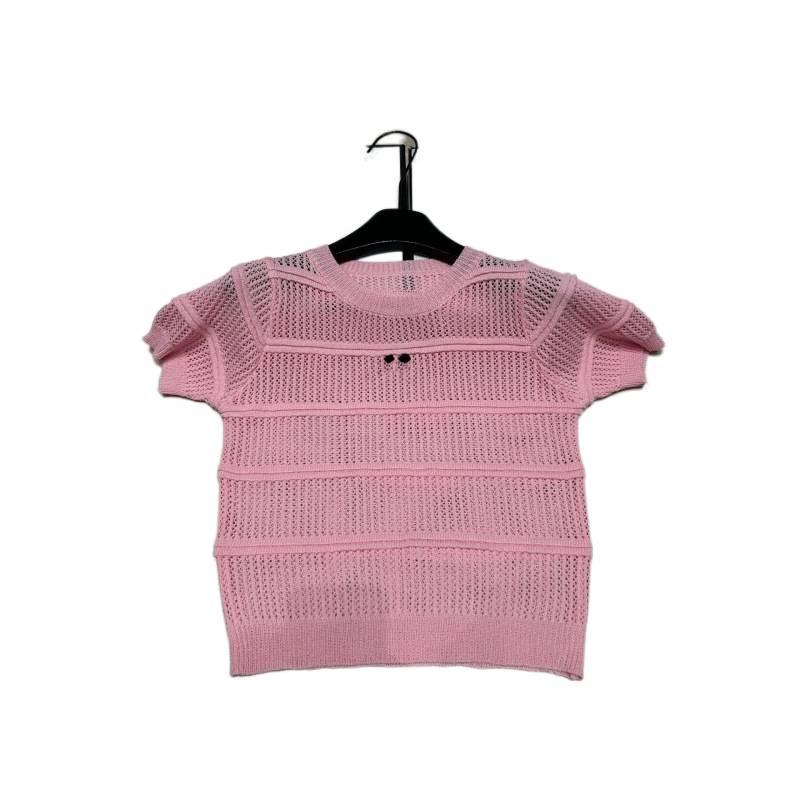 Xiangjia European Style Lightweight Luxury Hollow Knit Round Neck Short Sleeve Top