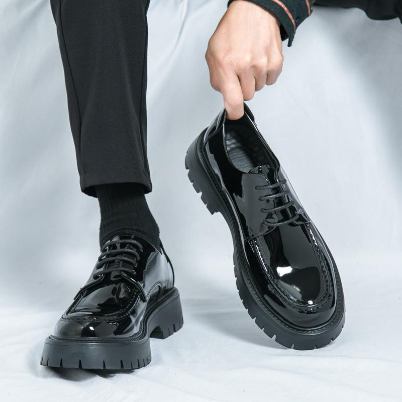 High-end Luxury Leather Shoes Men's High-end Sense of British Height Increase Platform Trend Glossy One-pedal Casual Loafers
