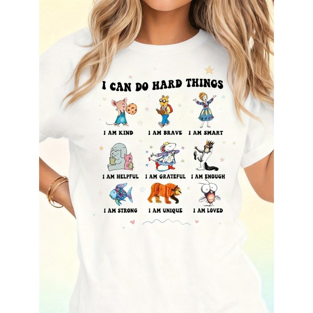 

Women Cotton Short Sleeves T-shirts I Can Do Hard Things Women s Tee Children s Book Characters Graphic Casual White Top S