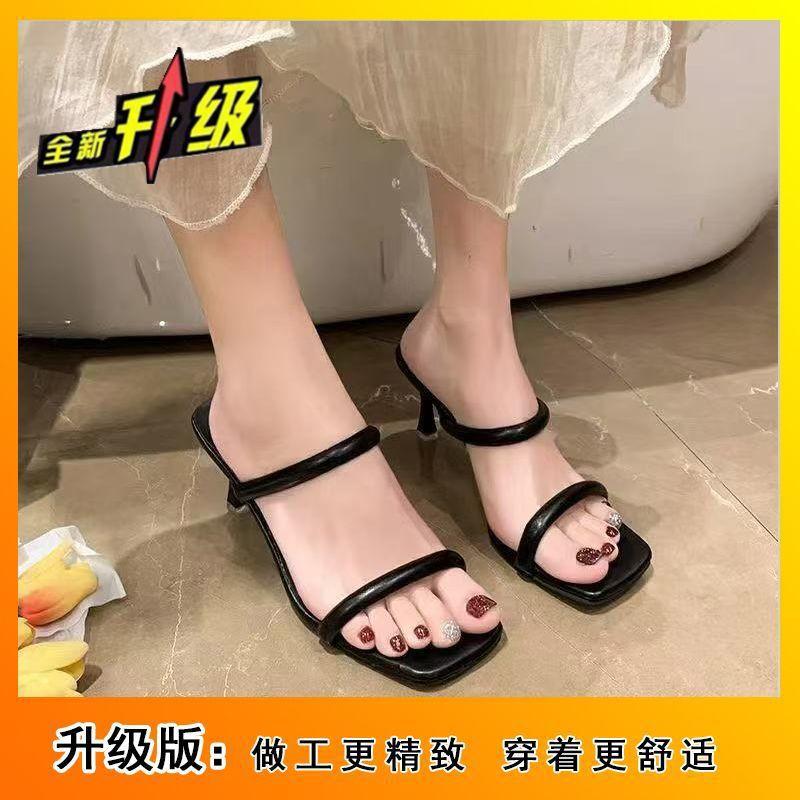 Soft Leather High-heeled Slippers for Women's 2025 New Models, Fashionable Foreign-style Sandals, Versatile Waterproof Table, Fine Heel, One-word Mop