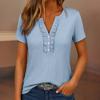 Women Tops V Neck Ruffle Trim Buttons Half Placket Short Sleeve Regular Fit Casual T-shirt Pure Color Summer Tops
