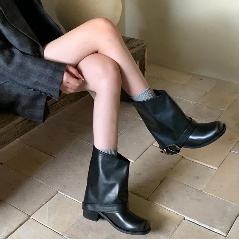 Vintage Square Toe Women Western Cowgirl Fashion Belt Buckle Shoes Autumn Winter Thick Heel Women'S Knight Short Booties