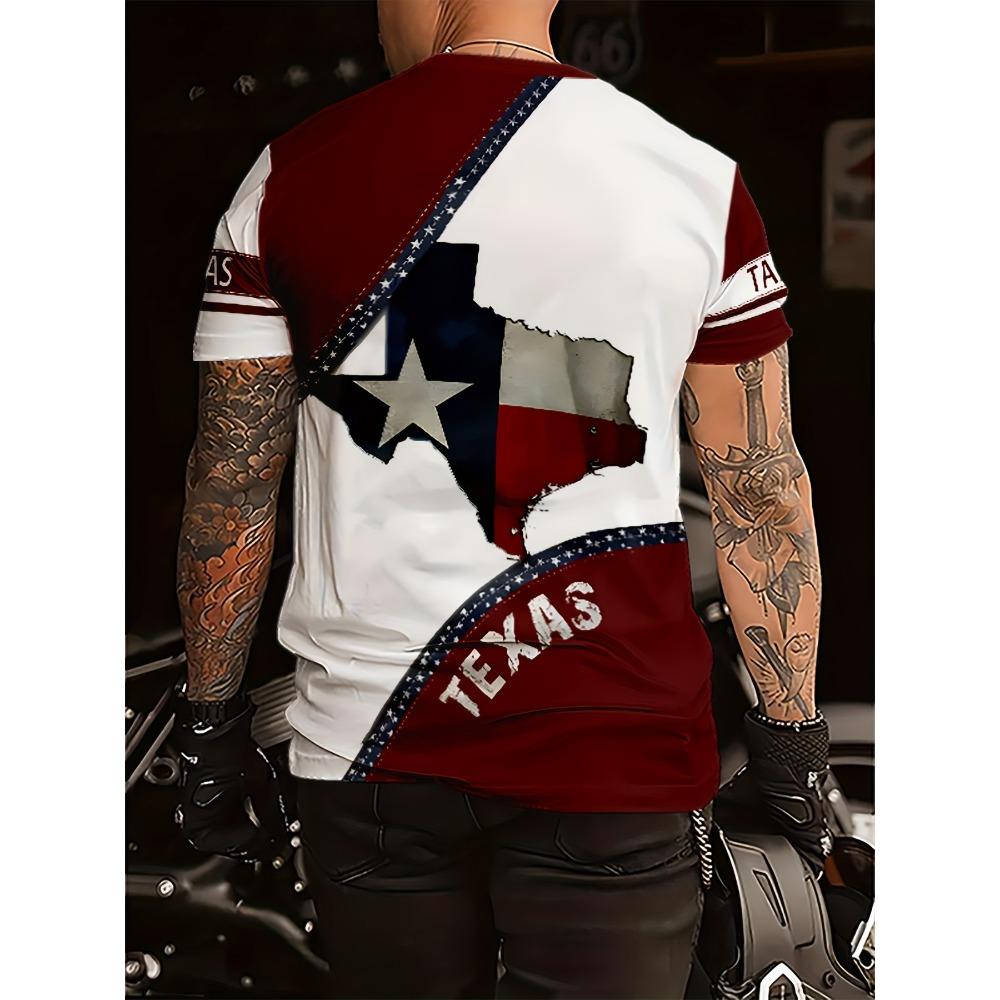 ETST51 1 stuks Casual Nieuwigheid T-shirt voor Heren, Texaanse Vlag Print, Ronde Hals, Polyester Gebreide Stof met Lichte Stretch, Normale Pasvorm S