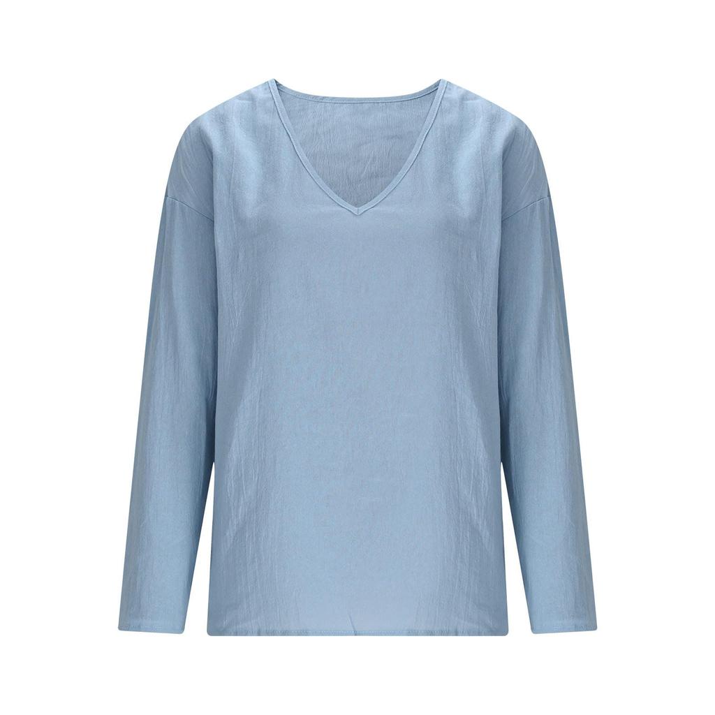 Damen Baumwolle Langarm Oberteile Lässiger Lockerer Schnitt V-Ausschnitt Leinenhemden