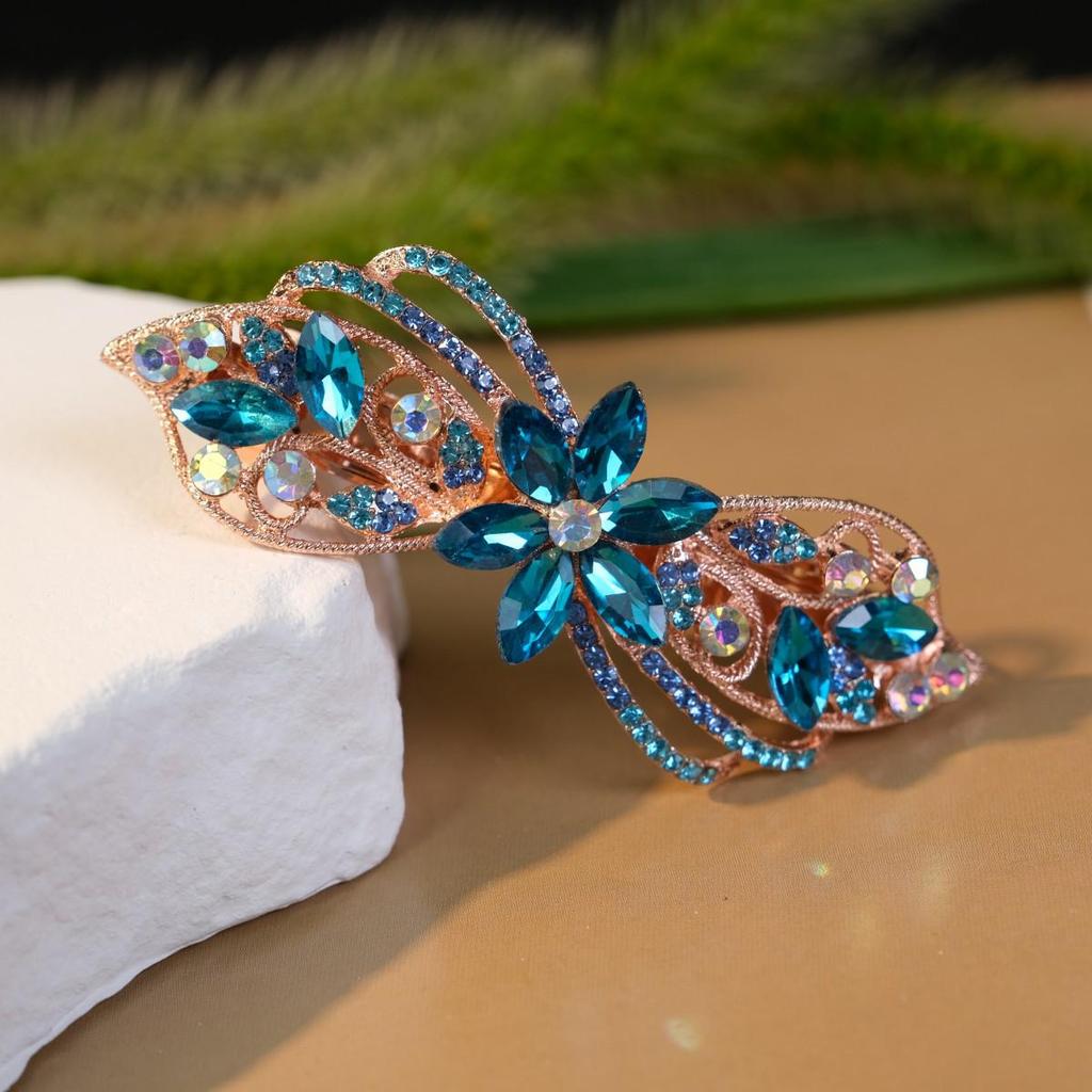 Pince à cheveux fleur strass polyvalente: Pince à ressort queue de cheval en alliage élégant pour femmes