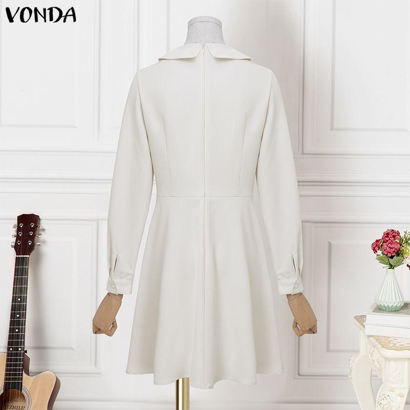 VONDA Women Lapel Neck Long Sleeve Pleating Ruffled Bodycon Mini Dress