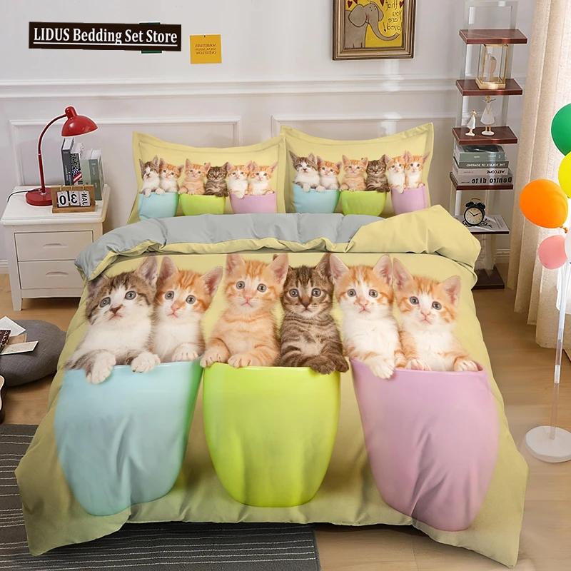Set Copripiumino 3D Gatto Adorabile, Set Biancheria da Letto Carino Gatto Domestico Taglia Matrimoniale Queen King, Copripiumini di Lusso Animali Carini Regali Tessili per la Casa