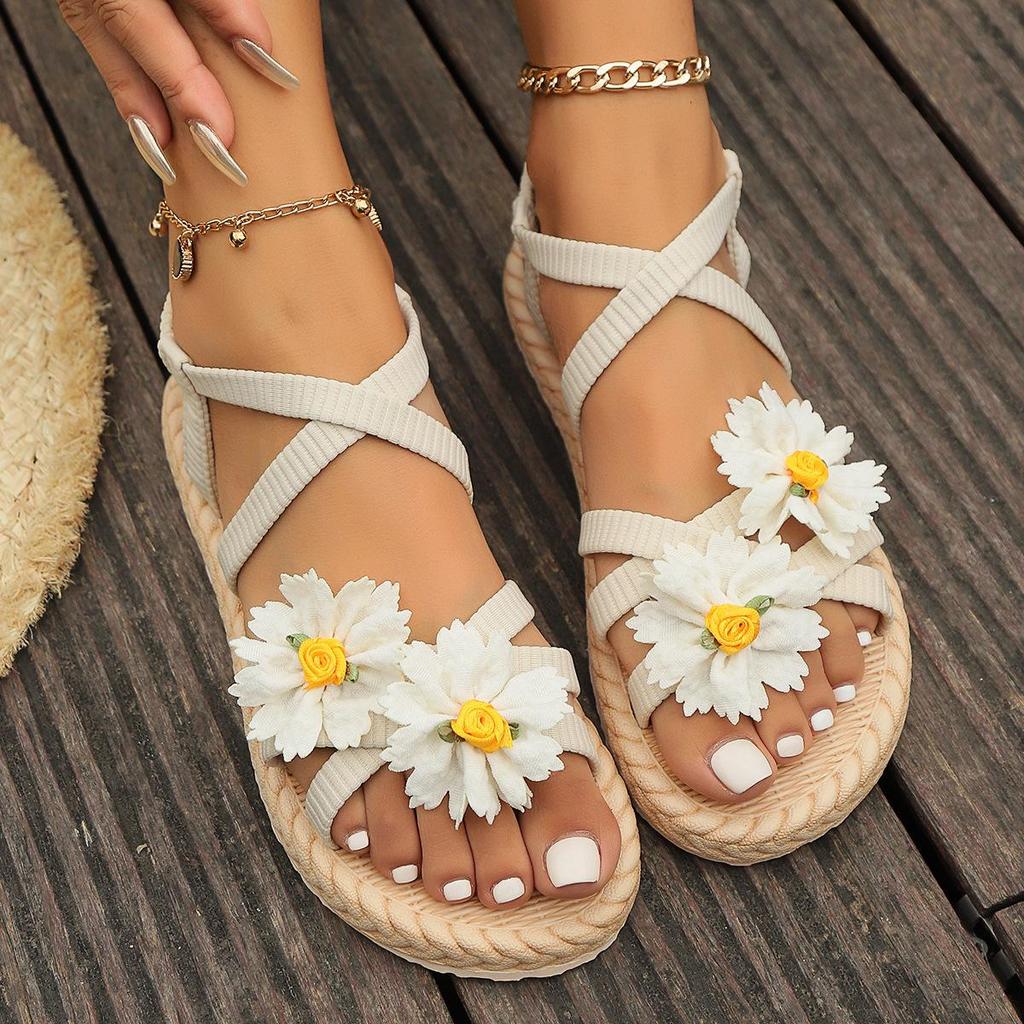 Women's Colorful Flowers Flat Sandals, Toe Loop Comfort Open Toe Slip On Sandals, Casual Beach Outdoor Shoes