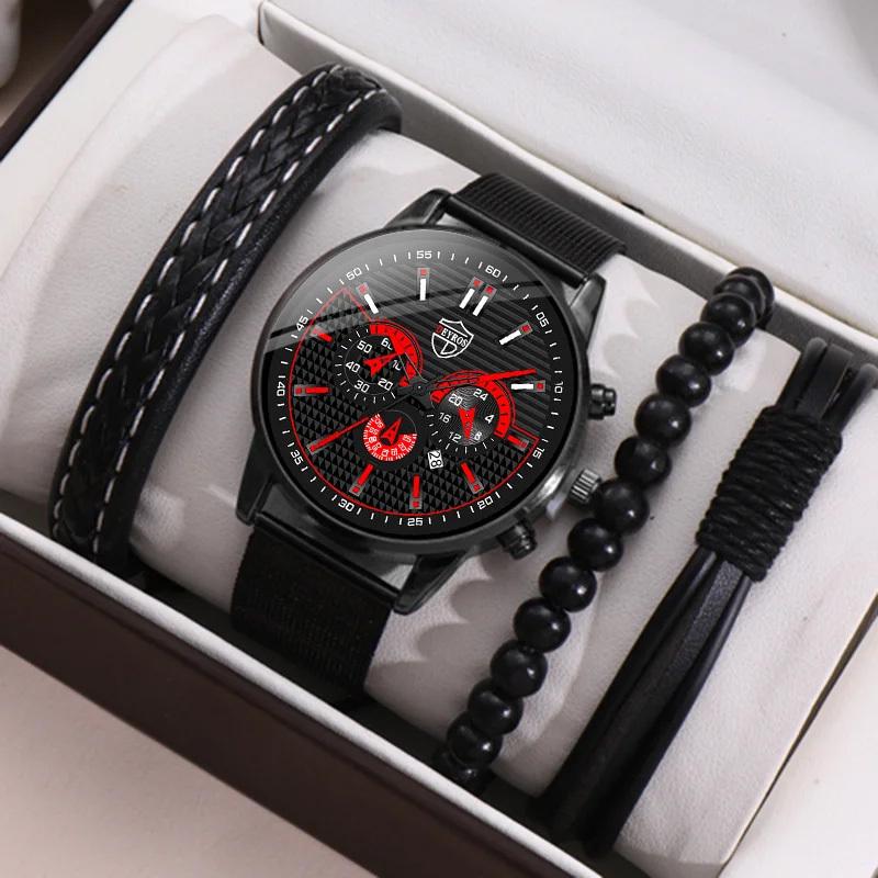 DEYROS 4PCS Set Fashion Mens Sports Bracelet Watches for Men Stainless Steel Quartz Wristwatch Classic Male Casual Leather Watch