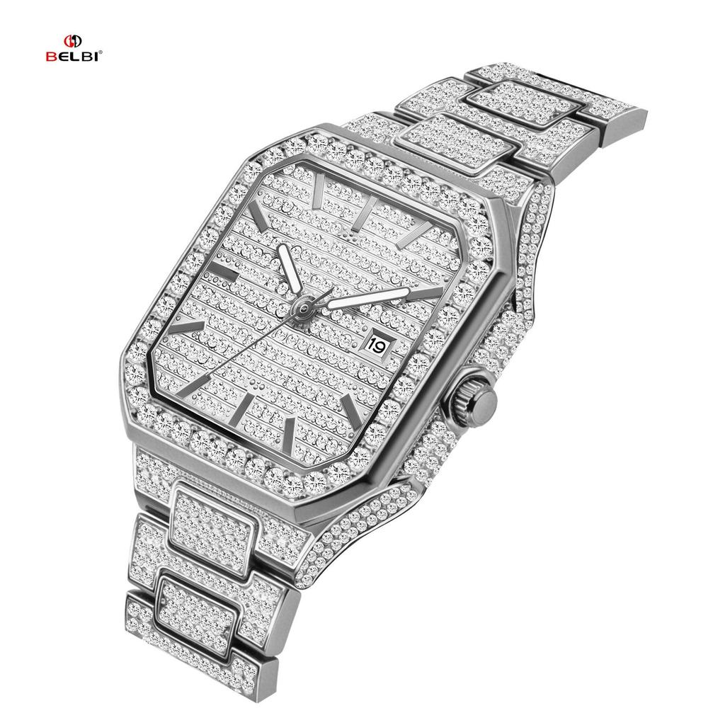Luxury Full Diamond Watch Men Sparkling Rhinestone Dial Stainless Steel Bracelet Women Elegant Bling Dress Watch