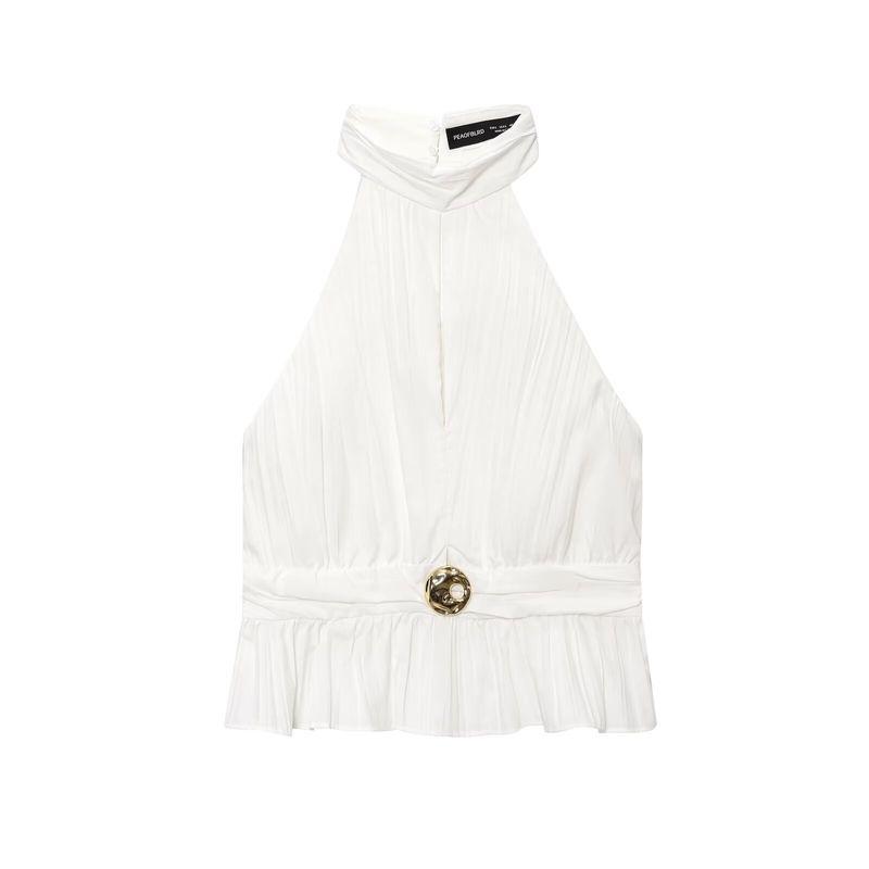 Kaslead New Arrival Women's Clothing Fashion Style Fashion Minimalist Small Pleated Hanging Collar Tops 0387077