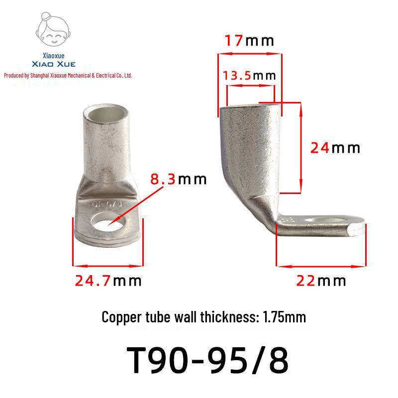 T90 Copper Tube Terminal, 90-Degree Right-Angle Bend Crimp Lug, T90-6/5 to T90-240/16 Copper Wire Lug