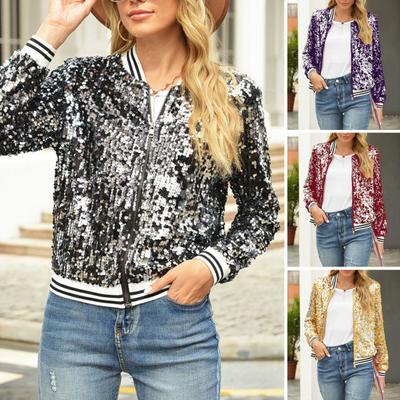 Women Jacket Shiny Sequin Long Sleeve Stand Collar Striped Loose Zipper Closure