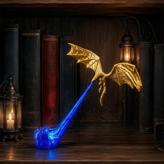 Fantasy Ornament for Bookshelves Dragon Bookshelf Nook Light, 3D Printed Fire-Breathing Shelf Decor with Flame Decorative Bookends Study Base,
