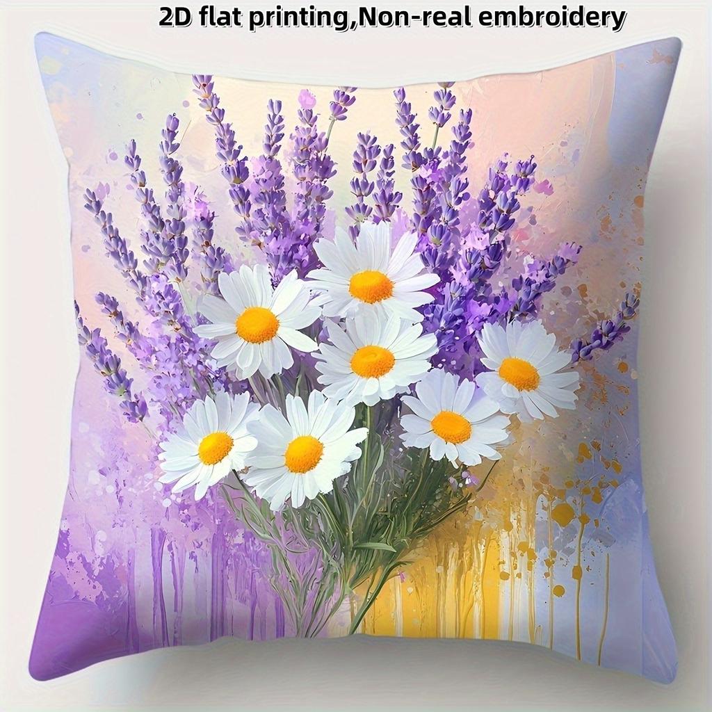 Lavender & Daisy Floral Pillowcase: Soft Watercolor-Themed Cushion Cover For Home Sofa Decor