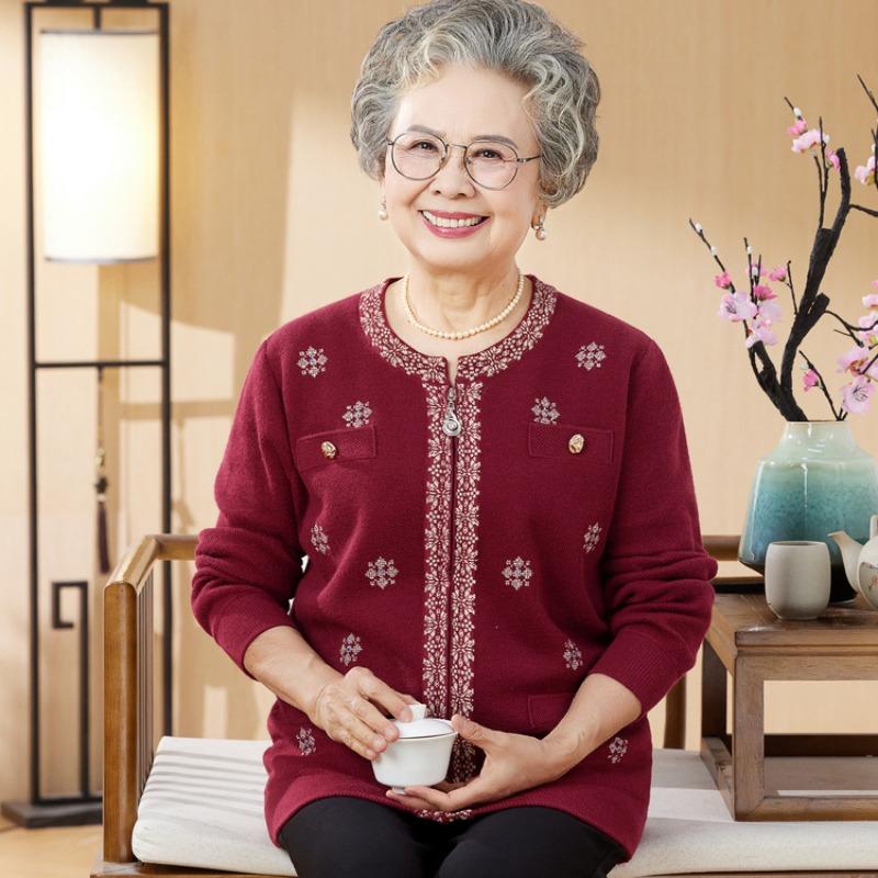 New zipper jacket for the elderly in autumn and winter, grandma jacquard top, mother autumn knitted cardigan