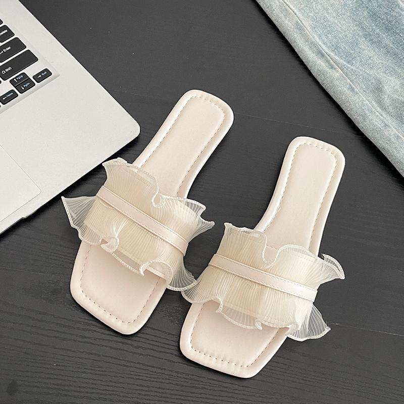 Fashion Large Size Flip-flops Women's Fashion Square Head Open-toed Wooden Ear Edge Soft Soles Anti-slip Wear-resistant Flat Shoes