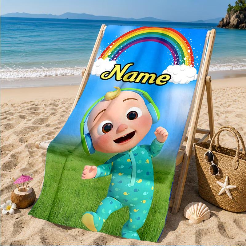 Custom Name Coco-melon Happy Journey Beach Towel Microfiber Beach Towel, Lightweight and Quick-Dry, for Summer Travel, Swimming Pool Gift
