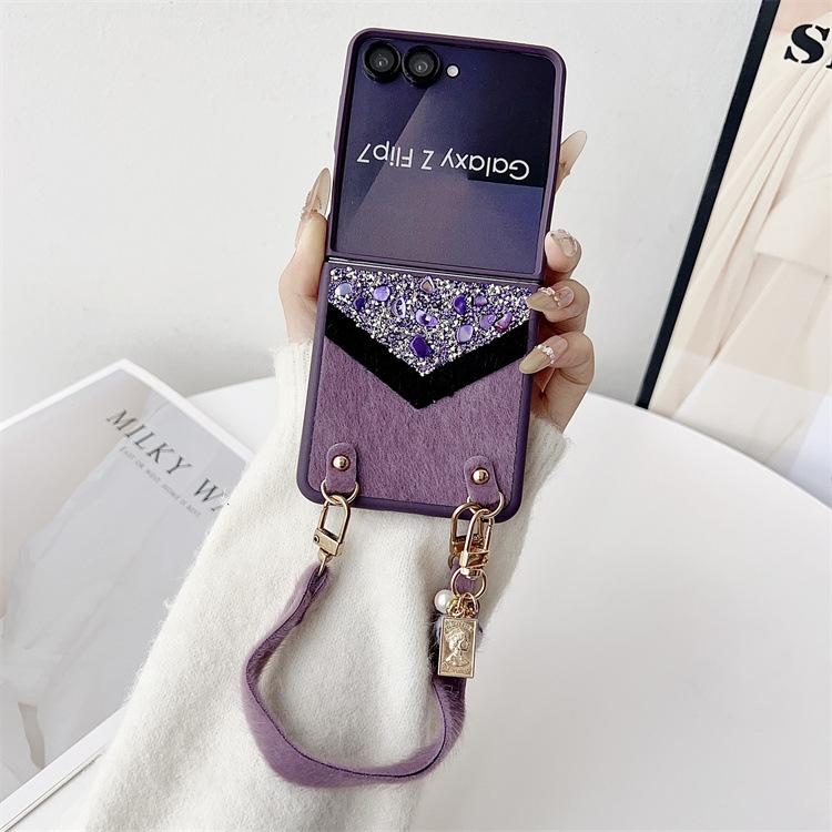 Applicable To Samsung ZFlip7 Splicing Rhinestone Mink Hair Mobile Phone Case ZFlip6 Portable Lanyard Folding Screen Protective Case