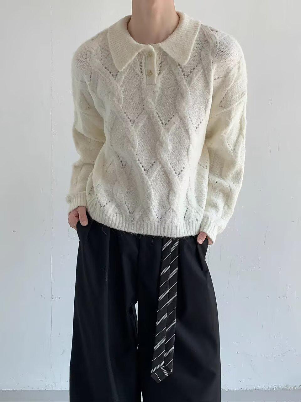 2025 Autumn/Winter Unisex Diamond Plaid Polo Knit Sweater L