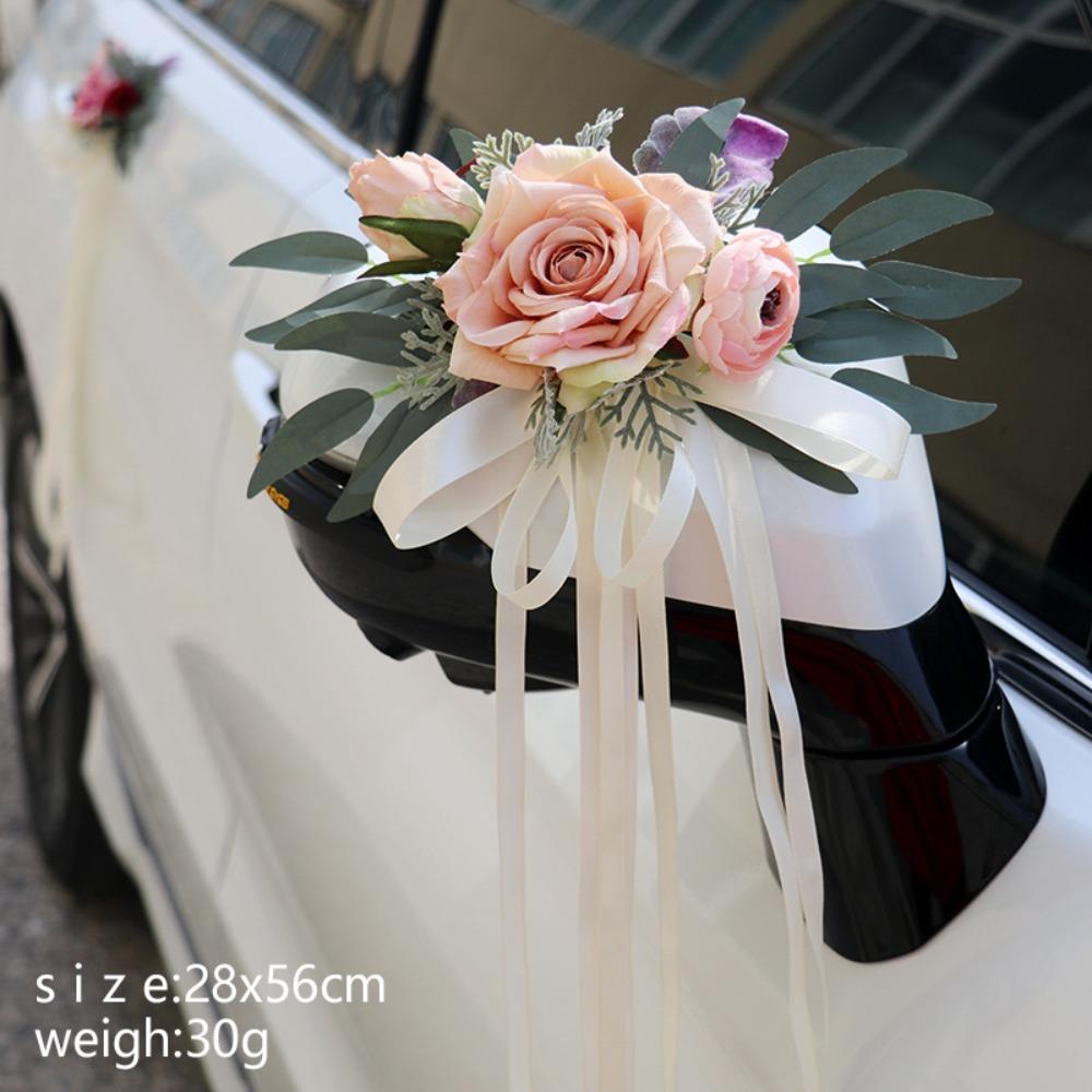 Ribbon Car Door Handle Mirror Flowers Romantic Artificial Roses  Ceremony Party Decor